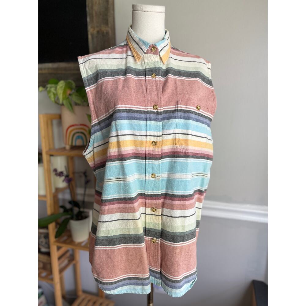 Vintage 90s Striped Sleeveless Button Down Shirt Cotton Linen Size Large